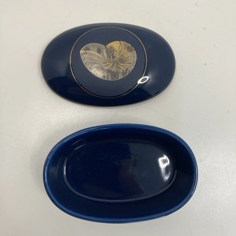 Vtg Otagiri Japan Nautilus Oval‎ Trinket Box Cobalt with Gold Accents Decor 3
